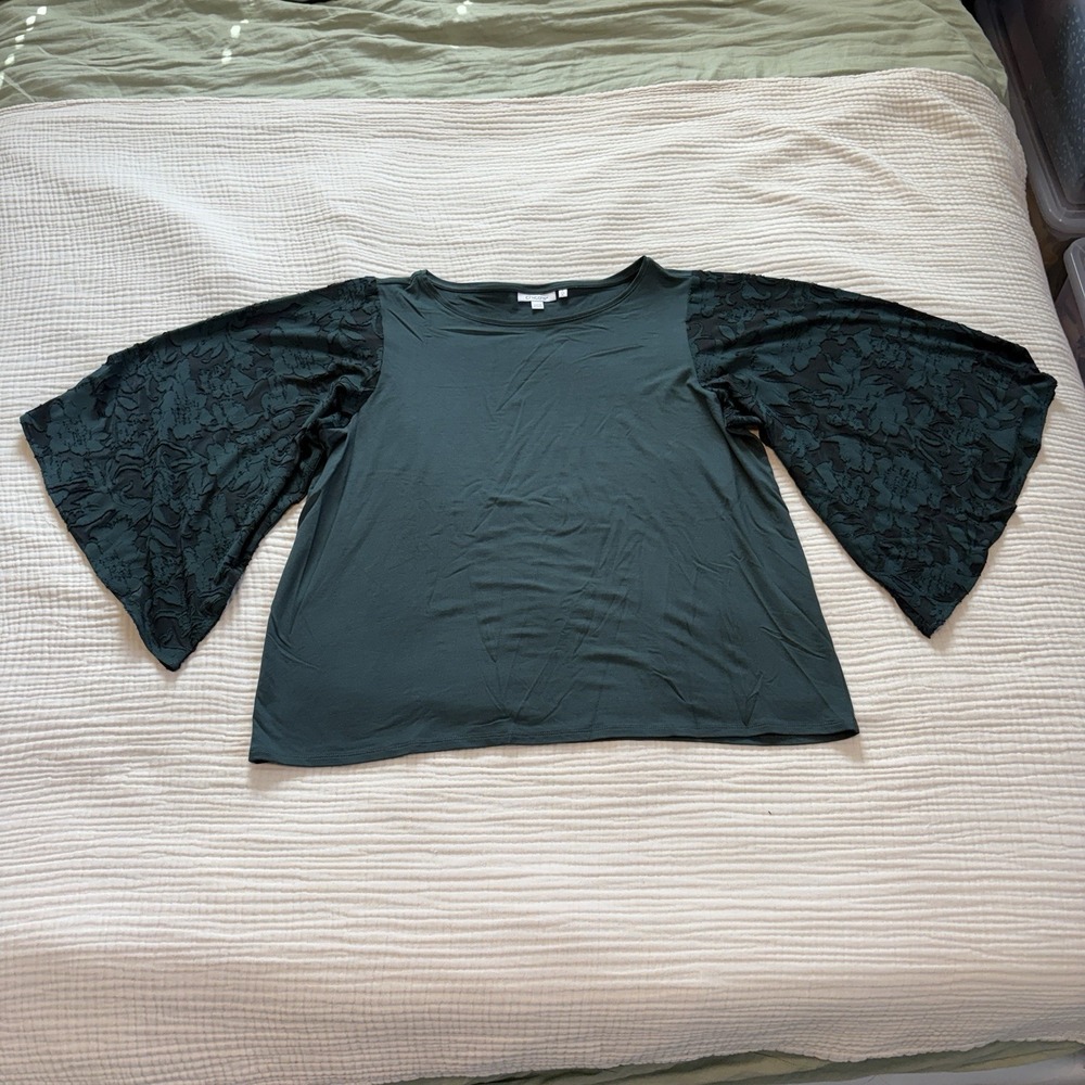 Chico's Touch of Cool Burnout Angel-Sleeved Top Women's XL Green crew‎ Neck
